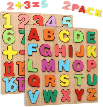 wgde toy Wooden Jigsaw Puzzles for 2 3 4 Year Old Kids with 20-piece Numbers and 26-piece ABC Alphabet - Best Early Education Recognition Toys (2 Pieces)