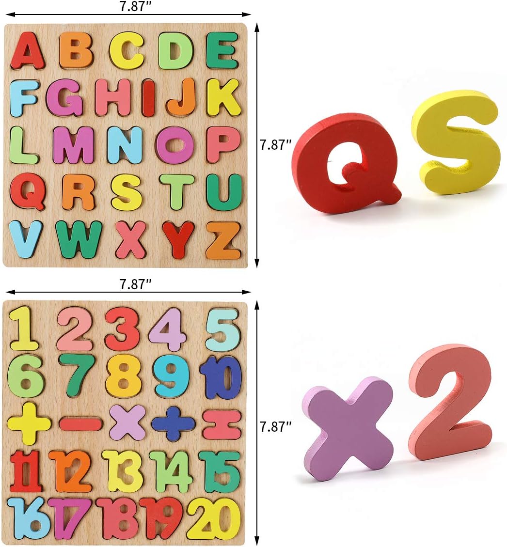 wgde toy Wooden Jigsaw Puzzles for 2 3 4 Year Old Kids with 20-piece Numbers and 26-piece ABC Alphabet - Best Early Education Recognition Toys (2 Pieces)