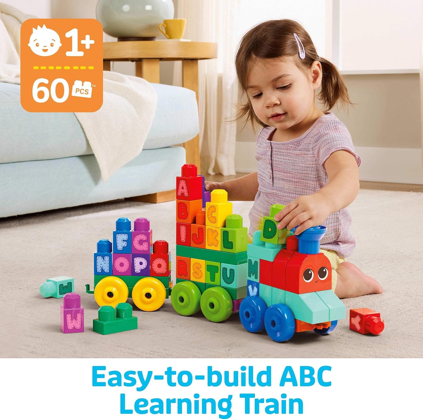 MEGA BLOKS First Builders Toddler Building Blocks Toy Set, ABC Learning Train with 60 Pieces, Ages 1+ Years, DXH35